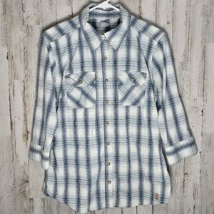 Carhartt Green Blue White Plaid Button Front 3/4 Sleeve Cuff Collar Size Medium